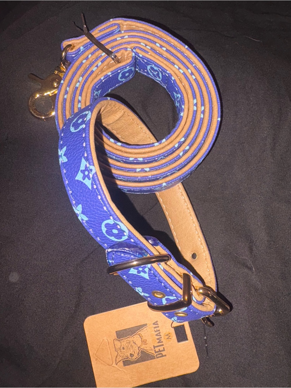 Blue Dog Leash & Collar set, Designer Fashion Luxury Collar PU Leather Monogram